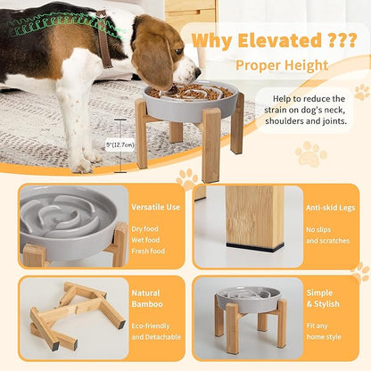 Elevated Slow Feeder Dog Bowl - Puzzle Maze Dish with Bamboo Stand - Raised Ceramic Food Bowl for Medium and Large Dogs - Grey - 8.8 inch