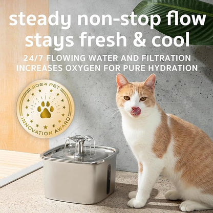 Veken Innovation Award Winner Stainless Steel Cat Water Fountain, 95oz/2.8L Automatic Pet Fountain with 6 Replacement Filters & 6 Pre-Filter Sponges & Silicone Mat for Cats, Dogs (Silver)