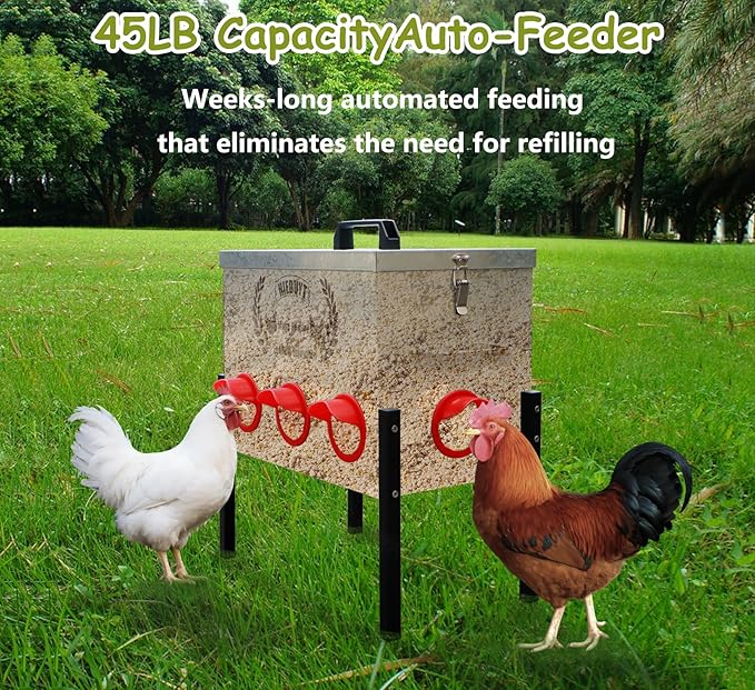 45LB Large Automatic Chicken Feeder, 8 Feeding Ports, No-Waste Poultry Feeder, Squirrel Proof Metal Chicken Feeder, with Adjustable Legs & Locking Lid and Waterproof Panel