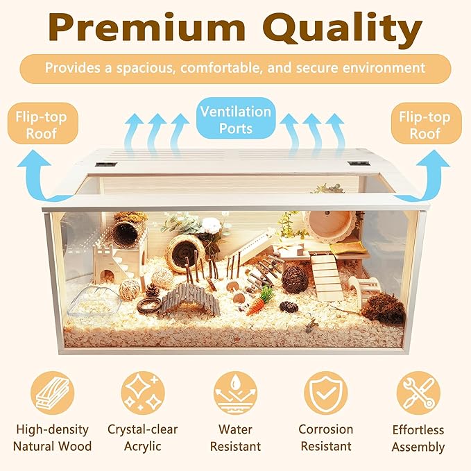 PROLEE Hamster Cage with Chewproof Wood Top,Guinea Pig Cages, Hamster Habitat with Clear Acrylic Sheets Solid Built, Small Animal Cage (Oak, 32X16X16 inch)