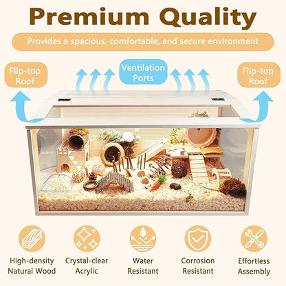 PROLEE Hamster Cage with Chewproof Wood Top,Guinea Pig Cages, Hamster Habitat with Clear Acrylic Sheets Solid Built, Small Animal Cage (Oak, 32X16X16 inch)