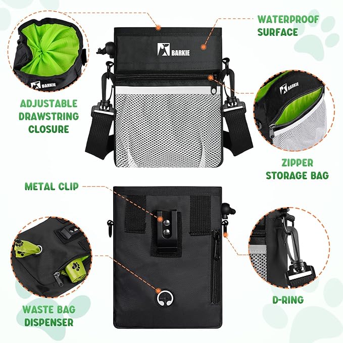 BARKIE Dog Treat Pouch and 2 Pet Training Clickers with Dog Positive Reinforcement Training Booklet (Black)