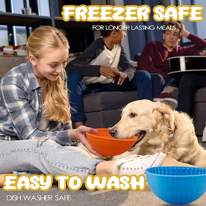 Patelai 2 Pcs Dog Enrichment Lick Bowls Silicone Freeze Bowls Interactive Cat Licking Mats Slow Feeders for Pet Oral Health Boredom Anxiety Relief, Wobble or Stay Put(Blue, Orange,Bone)