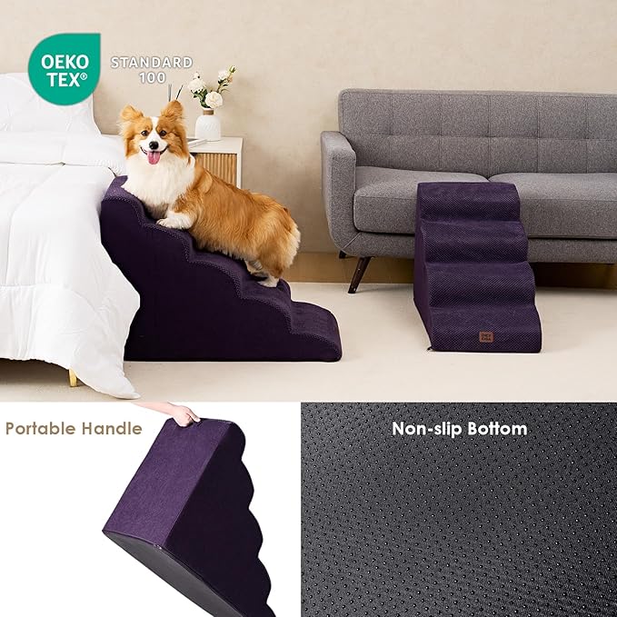 EHEYCIGA Curved Dog Stairs Ramp for High Beds 22.6" H, 5-Step Dog Steps for Small Dogs and Cats, Pet Stairs for High Bed Climbing, Non-Slip Balanced Pet Step Indoor, Purple