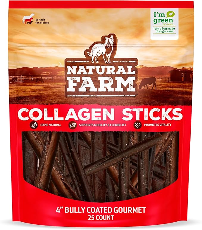 Natural Farm Bully Coated Gourmet Collagen Sticks (4 Inch, 25 Pack) – Real Bully Beef Coated, 95% Natural Collagen Dog Chews, Supports Healthy Joints, Skin & Coat - Best for Small & Medium Dogs