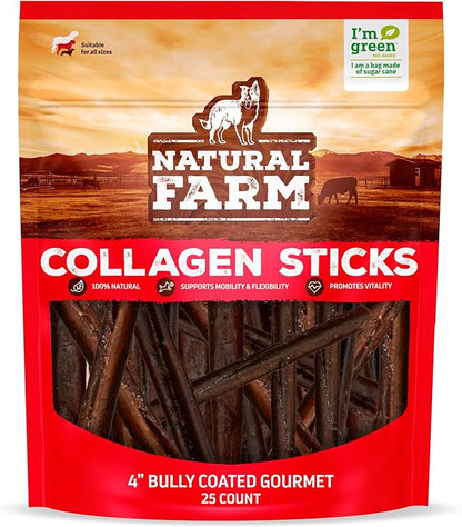 Natural Farm Bully Coated Gourmet Collagen Sticks (4 Inch, 25 Pack) – Real Bully Beef Coated, 95% Natural Collagen Dog Chews, Supports Healthy Joints, Skin & Coat - Best for Small & Medium Dogs