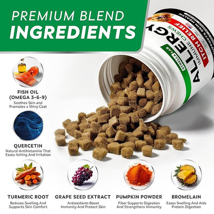 StrellaLab Dog Allergy Relief & Anti Itch Support Chews w/Omega 3: Real Ingredients, Real Taste! Skin & Coat Immune Supplement w/Fish Oil, Pumpkin & Enzymes — Developed by Experts - Made in USA -180Ct