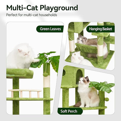 77in Large Cat Tower for Heavy Duty Big Cats, Tall Cat Tree with Leaves - Scratching Post, Two Cat Condos, Soft Hammocks, Padded Perches & Dangling Balls, Green