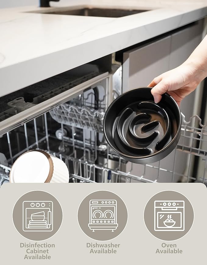 Ceramic Slow Feeder Dog Bowls, 0.6 Cup Slow Feeder for Small Dogs and Cats, Puzzle Maze Bowl, Prevents Choking, 6in, Black