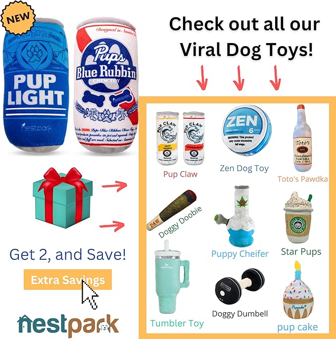 Nestpark Pup Light and Pups Blue Rubbin - Parody Beer Dog Toys - Funny Plush Squeaky and Crinkle Dog Toys Dog Gifts for Dog Birthday (2 Pack) (Mix)