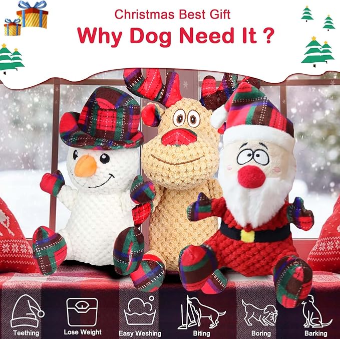 Dog Squeaker Toys, Plush Dog Toy with Squeaker, Cotton Material, Daily Entertainment & Relieve Anxiety, Chew Toy for Dogs, Not Water Resistant (Large, Christmas)