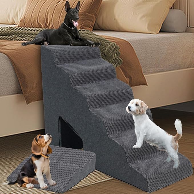 6 Steps Dog Stairs & Steps Ramps for High Beds 30 inches High Tall, LitaiL 6 Step Pet Stairs Steps for Small Large Dogs, Non-Slip Dog Ramps with 3 Pack Ramps for Staircase