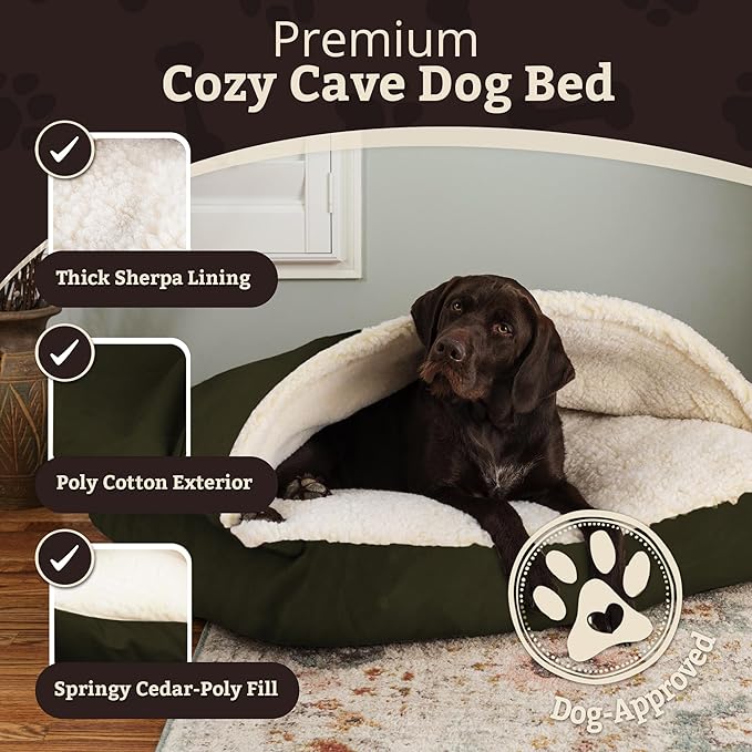 Snoozer Rectangle Cozy Cave Dog Bed - Indoor Dog Bed with Cover Cave, Covered Calming Burrow for Medium & Large Sized Pets with Blanket Attached, Enclosed, Washable Cover - Large, Olive
