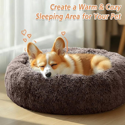 JOLLYVOGUE Small Dog & Cat Beds for Indoor Cats, Donut Cuddler Warming Soft Dog Beds with Anti-Slip Bottom, Round Calming Fluffy Plush Faux Fur Cushion Bed for Small Dogs (20")