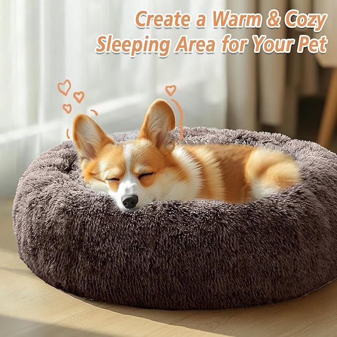 JOLLYVOGUE Small Dog & Cat Beds for Indoor Cats, Donut Cuddler Warming Soft Dog Beds with Anti-Slip Bottom, Round Calming Fluffy Plush Faux Fur Cushion Bed for Large Dogs (36")
