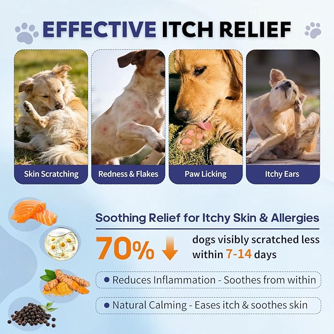 Allergy Relief Chews for Dogs Omega-3 Fish Oil Chewable Supplement with Probiotics for Itchy Skin and Hot Spots Allergies Relief, Paw Licking, Dry Skin & Coat Supplement Itching Relief Bites - 120 Ct