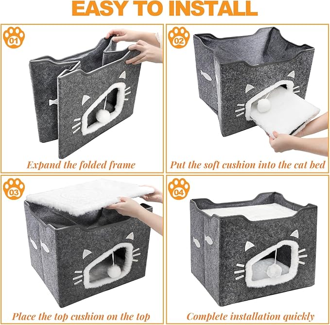 Cat House for Indoor Cats, Large Covered Cat Bed with Cushion Pad Fluffy Ball Hanging, Foldable Cute Cat Cave Bed Cat Condo Hideaway for Pet Cats, Multi Small Pet, Grey