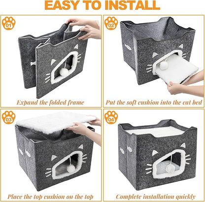 Cat House for Indoor Cats, Large Covered Cat Bed with Cushion Pad Fluffy Ball Hanging, Foldable Cute Cat Cave Bed Cat Condo Hideaway for Pet Cats, Multi Small Pet, Grey