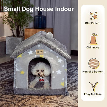 JIUPETY Cute Small Dog House Indoor, Foldable House Kennel Bed Mat with Cushion, L Size Dog Tent Up to 25 lbs, Dog Cave Bed with Non-Slip Bottom, Grey