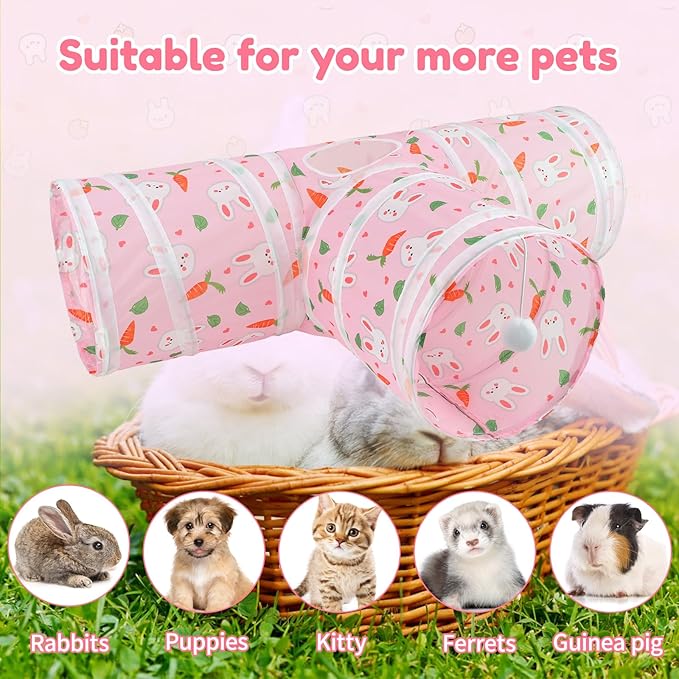BWOGUE Bunny Tunnels & Tubes Collapsible 3 Way Bunny Hideout Small Animal Activity Tunnel Toys for Dwarf Rabbits Bunny Guinea Pigs Kitty(Pink)