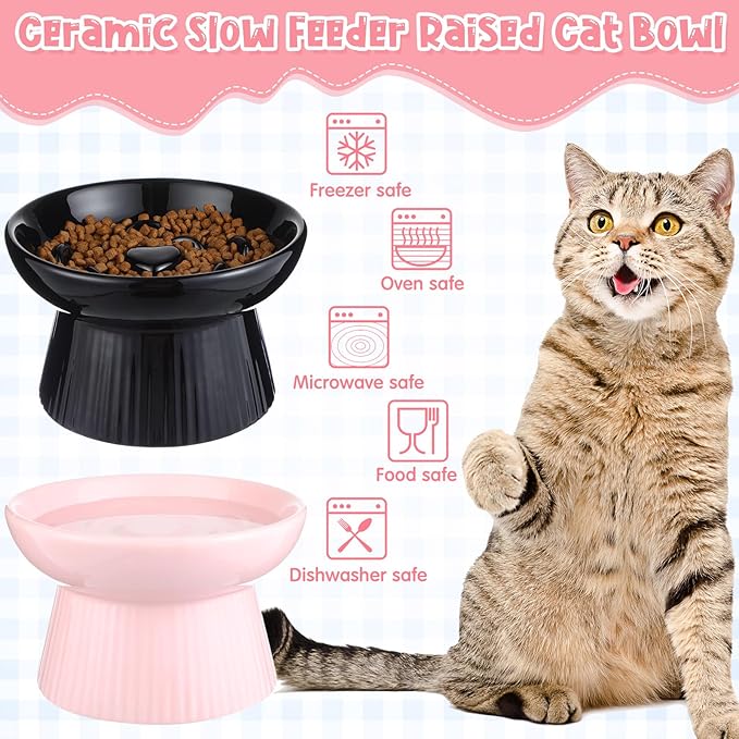 Tioncy 2 Pcs Raised Cat Slow Feeder Bowl Ceramic Elevated Cat Dog Food Bowl No Spill High Edge for Dry Wet Food and Water Easy to Clean, Dishwasher Safe(Black, Pink)