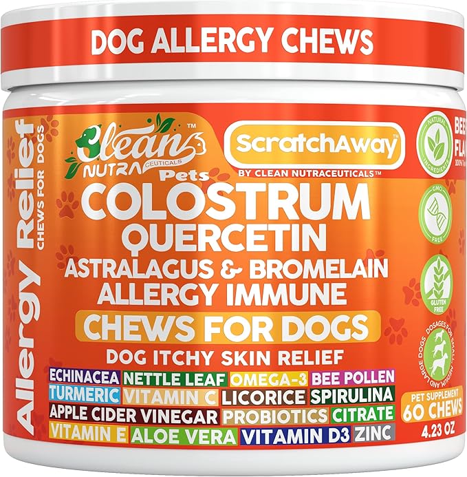Dog Allergy Chews and Itchy Skin Relief for Dogs | Colostrum Quercetin Astragalus Bromelain | Immune Anti Itch Coat Supplement Aller Ichting Bites Treatment Paw Allergies + Echinacea Nettle Omega 3