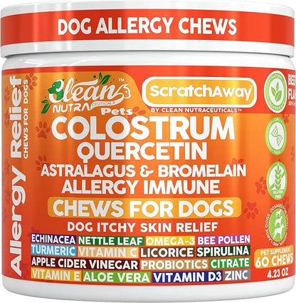 Dog Allergy Chews and Itchy Skin Relief for Dogs | Colostrum Quercetin Astragalus Bromelain | Immune Anti Itch Coat Supplement Aller Ichting Bites Treatment Paw Allergies + Echinacea Nettle Omega 3