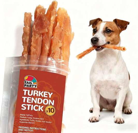 TailParty Turkey Tendons for Dogs, 4 oz All-Natural Dental Chew Sticks, Rawhide Alternative, Long-Lasting Training-Reward Treats for Health-Conscious Pet Owners (10 Strips/Pack)