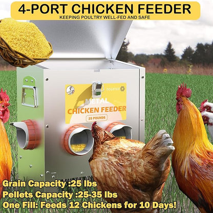 Automatic Chicken Feeder No Waste Metal Poultry Feeder Large Capacity 25lbs for Chickens, Geese, Ducks, Turkeys, Quails (4-Port)