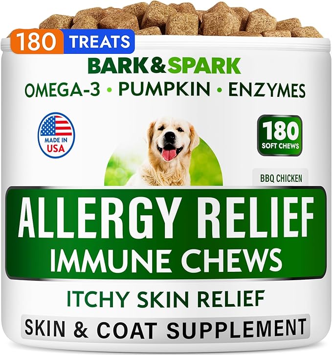 BARK&SPARK Dog Allergy Relief Chews (180 Immune Treats) - Anti-Itch Skin & Coat Supplement - Omega 3 Fish Oil - Dry & Itchy Skin Relief Treatment Pills - Itching, Paw Licking & Hot Spots