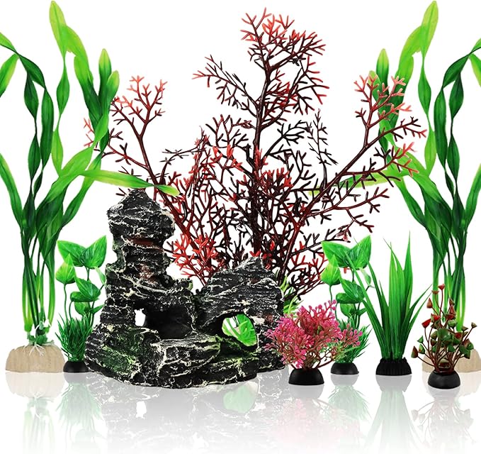PietyPet Fish Tank Decorations Plants with Resin Cave Rock View, 9pcs Aquarium Decorations Plants Plastic,Fish Tank Accessories, Fish Cave and Hideout Ornaments, Aquarium Decor
