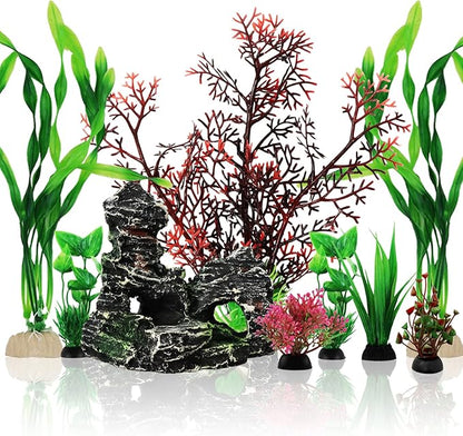 PietyPet Fish Tank Decorations Plants with Resin Cave Rock View, 9pcs Aquarium Decorations Plants Plastic,Fish Tank Accessories, Fish Cave and Hideout Ornaments, Aquarium Decor