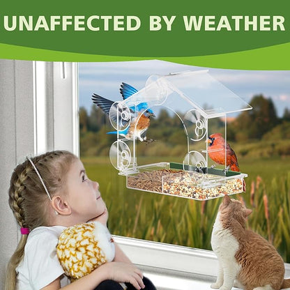 Window Bird Feeder with 5 Extra Strong Suction Cups, Clear Birdfeeders for Outdoors, Sturdy and Durable Bird House for Window Viewing Outside,Garden Decor Gifts for Bird Lover