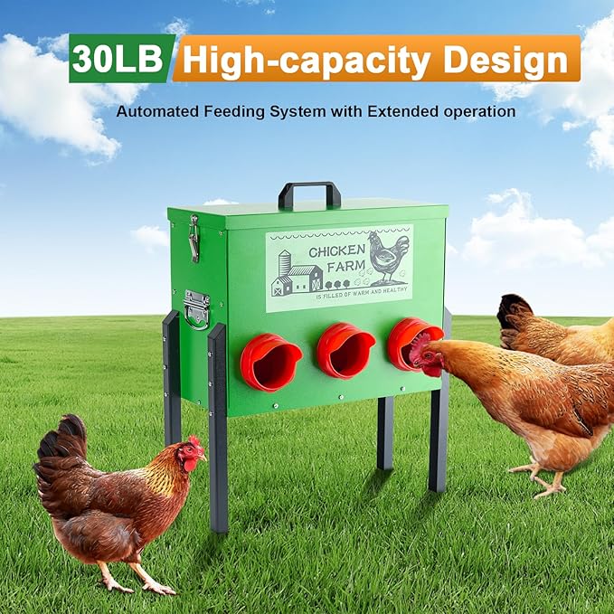30lb Chicken Feeder- Automatic Port 6 Ports No Waste Poultry Feeder,Chicken Coop Accessories，Waterproof Metal Chicken Feeder Suitable for Poultry Feeding Outdoors and Indoors