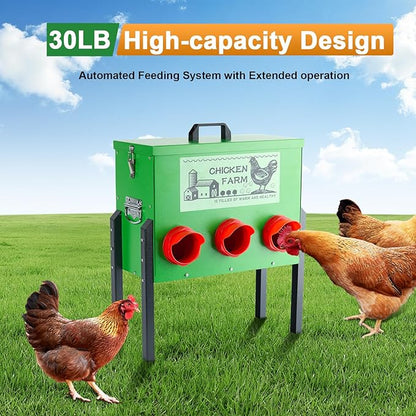 30lb Chicken Feeder- Automatic Port 6 Ports No Waste Poultry Feeder,Chicken Coop Accessories，Waterproof Metal Chicken Feeder Suitable for Poultry Feeding Outdoors and Indoors
