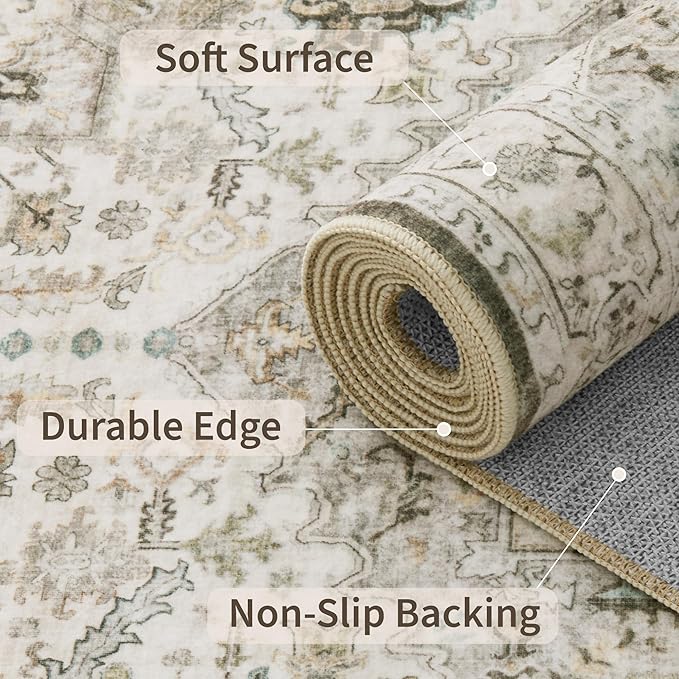 9x12 Area Rugs for Living Room, Machine Washable Non Slip Vintage Rug, Non-Slip Stain Resistant, Large Soft Home Decor Rug for Bedroom Dining Room (Brown/Ivory,9'x12')