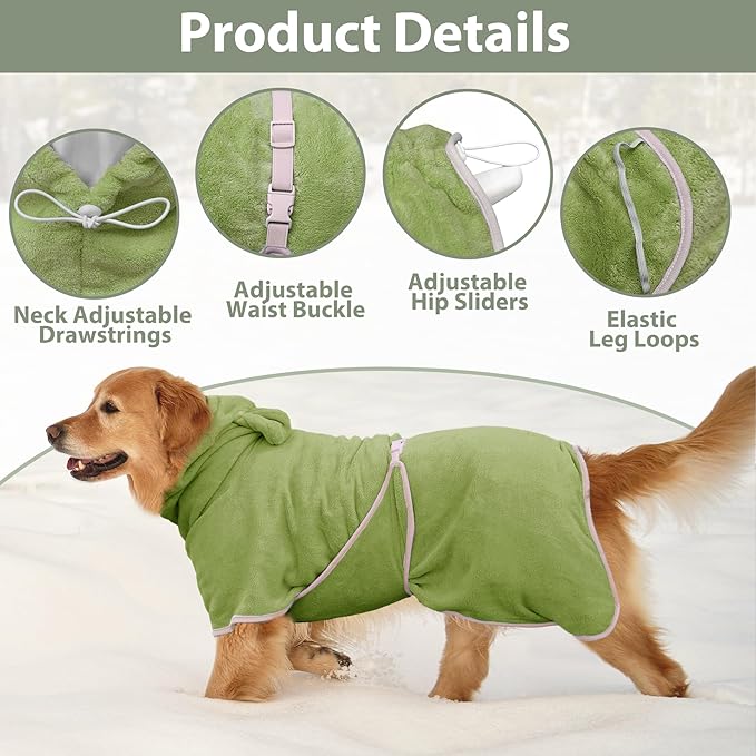Dog Bathrobe Super Absorbent Towel Robe - Microfiber Bath Towels Fast Drying Coat for Dogs, Cute Dogs Clothes Adjustable Collar & Belly Strap Warm Keeping Hooded Dog Towel (Olive Green, Small)