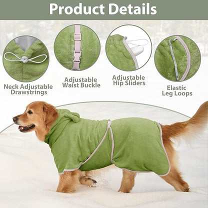 Dog Bathrobe Super Absorbent Towel Robe - Microfiber Bath Towels Fast Drying Coat for Dogs, Cute Dogs Clothes Adjustable Collar & Belly Strap Warm Keeping Hooded Dog Towel (Olive Green, Small)