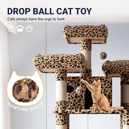 Allewie 82 Inches Large Cat Tree/House/XXL Tall Cat Towers for Big Feline/Scratching Post/Multi-Level Large Kitty Climbing Tree with Condo/Leopard Print