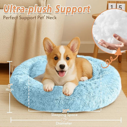 JOLLYVOGUE Small Dog & Cat Beds for Indoor Cats, Donut Cuddler Warming Soft Dog Beds with Anti-Slip Bottom, Round Calming Fluffy Plush Faux Fur Cushion Bed for Medium Dogs (31", Light Blue)