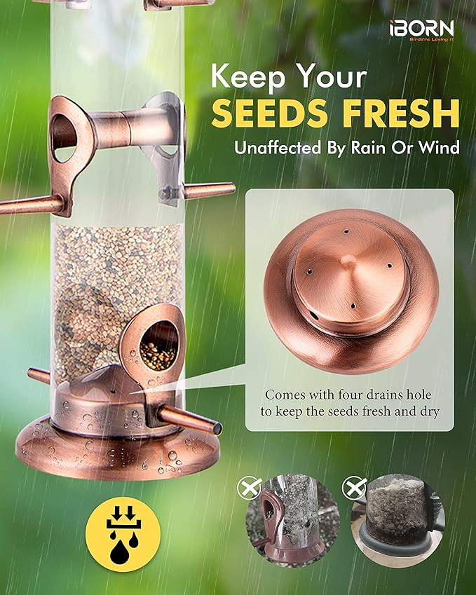 iBorn Metal Bird Feeders Brushed Copper Wild Bird Feeder for Outdoors Hanging All Metal Brushed Copper Finishing 15 Inch 6 Port,Pack of 2