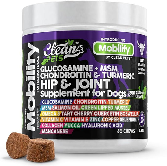 Hip and Joint Supplement Dogs with Glucosamine for Dogs + Chondroitin, Turmeric, Hyaluronic Acid, MSM, Salmon Oil, Collagen, Vitamin C, Omega 3 Senior Dog Supplements Beef Flavor - 1Pack