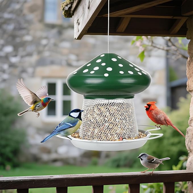 IWNTWY Bird Feeder, Heavy Duty Metal Bird Feeders for Outdoor Hanging, Cute Mushroom Shape Wild Birdfeeder for Outside Garden Yard (Green)