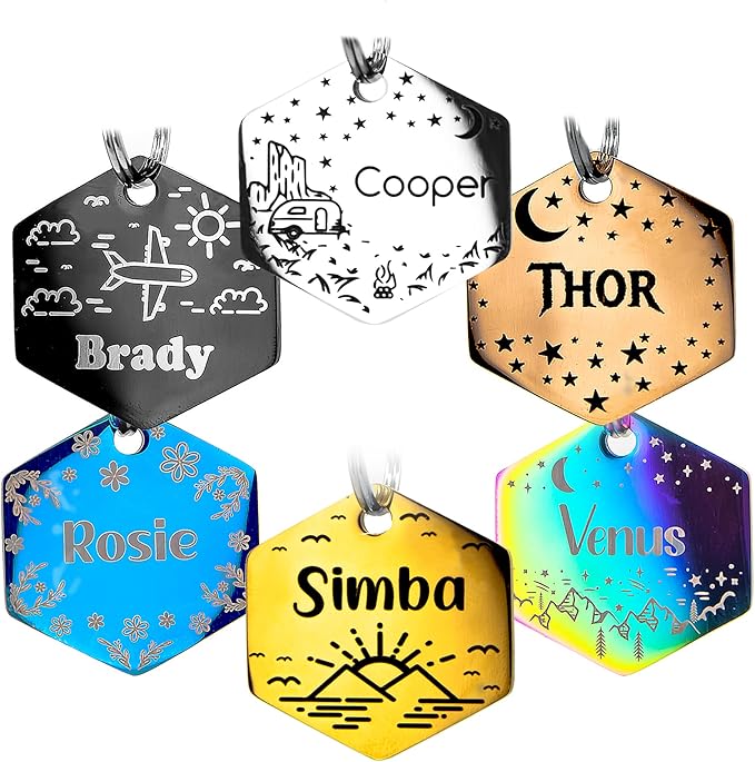 Personalized Dog Tag with 5 Lines of Custom Deep Engraved Durable Stainless Steel Pet ID Name Tag Designer Small Size Hexagon