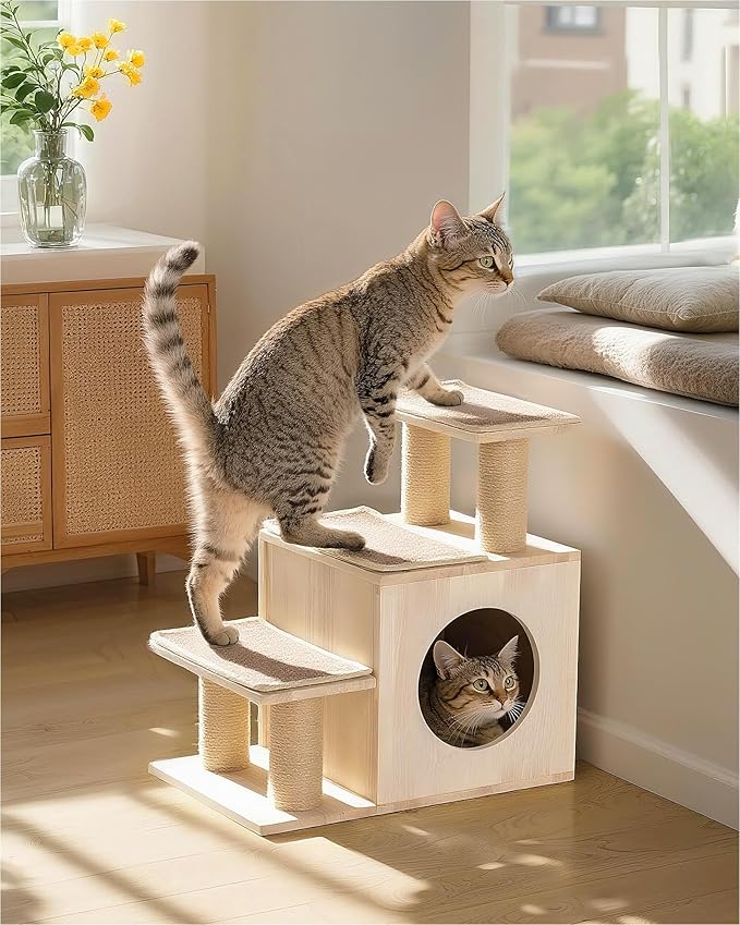 3-in-1 Pet Stairs for Cats, 6.3" Depth Pet Steps for Cat, Wood Cat Stairs for High Bed and Sofa, 1 Condo Cave, Scratching Post, Sturdy Indoor Pet Stairs with Non-Slip Carpet Pads