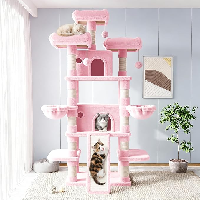 Allewie 82 Inches Large Cat Tree/House/XXL Tall Cat Towers for Big Feline/Scratching Post/Multi-Level Large Kitty Climbing Tree with Condo/Pink