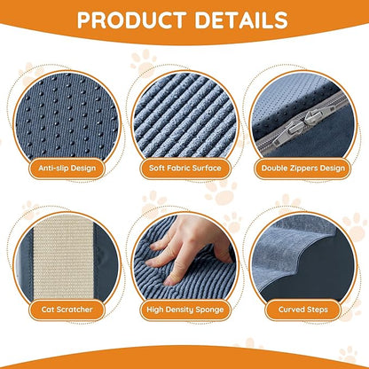 Pet Stairs, Dog Stairs for Small Dogs, Dogs Steps, 5-Step Curved Dog Ramp for Bed, Couch, Sofa, Car and Chairs, Non-Slip Bottom Design, Cat Scratching Board, High Density Foam Portable Pet Step, Navy
