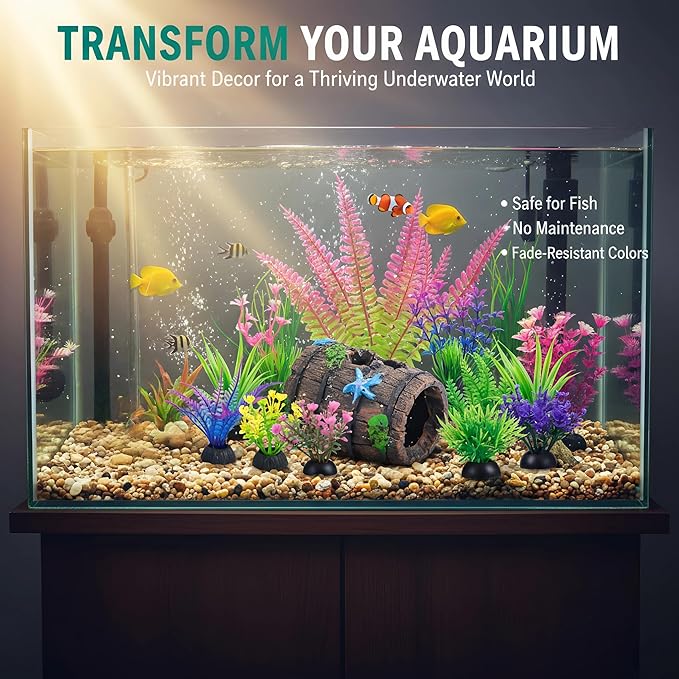 Ameliade Aquarium Plastic Plants Decorations and Fish Tank Broken Barrel Hideout Cave Decor Set Goldfish Betta Small Fish Bowl Ornaments Accessories 12 PCS