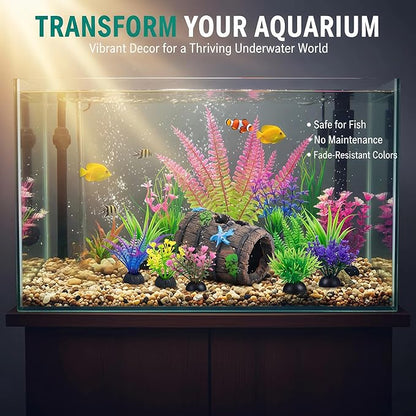 Ameliade Aquarium Plastic Plants Decorations and Fish Tank Broken Barrel Hideout Cave Decor Set Goldfish Betta Small Fish Bowl Ornaments Accessories 12 PCS