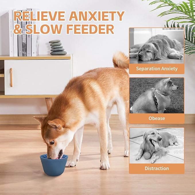 Dog Lick Bowl, Anxiety Relief Slow Feeder Treat Dispenser, Silicone Anti-chocking Pet Dish, Non-Slip Dog Licking Bowl Interactive Entertainment Puzzle Toy for Small & Medium-Dark Blue